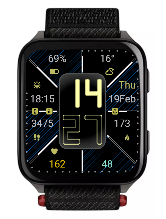 Smartwatch display showing time, date, and various health metrics such as heart rate and activity levels.