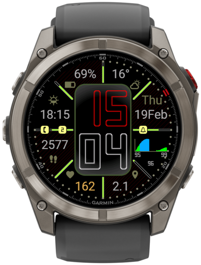Smartwatch display showing time, date, and various health metrics on a black background with colored icons.