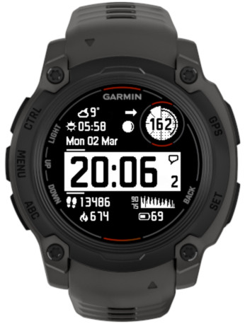 Close-up of a Garmin smartwatch displaying time, date, heart rate, and various fitness metrics.