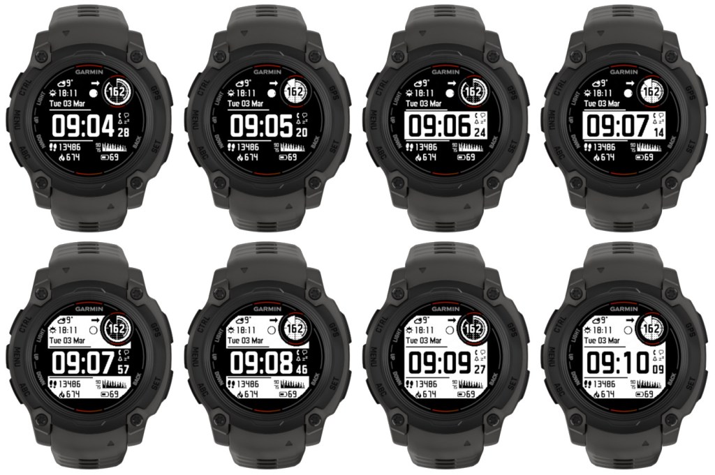 Eight Garmin smartwatches displaying time, date, heart rate, and other fitness metrics.