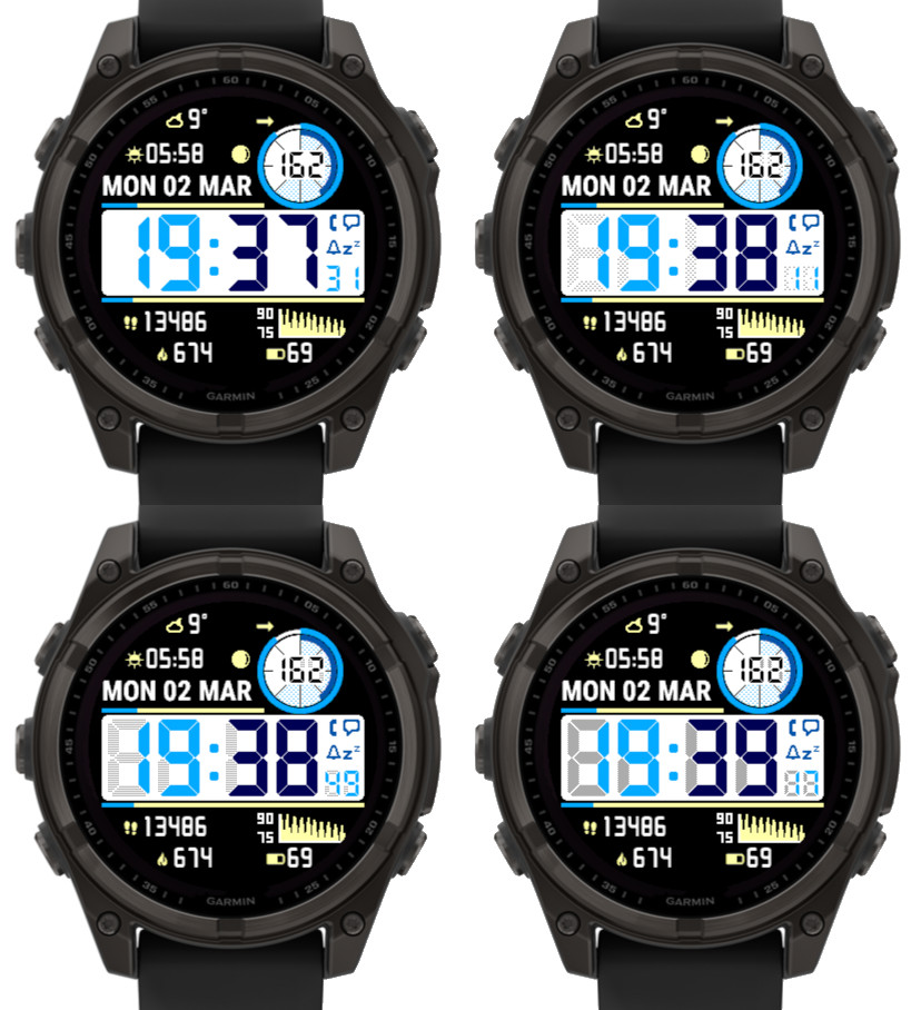 Four Garmin smartwatches displaying various time settings and data. Each watch shows different times: 19:37, 19:38, 19:38, and 19:39, along with date and weather information.