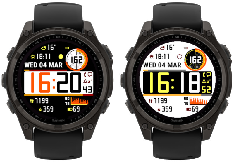 Image of a Garmin smartwatch displaying various metrics including time, date, heart rate, and weather details. Two different watch faces are shown side by side.