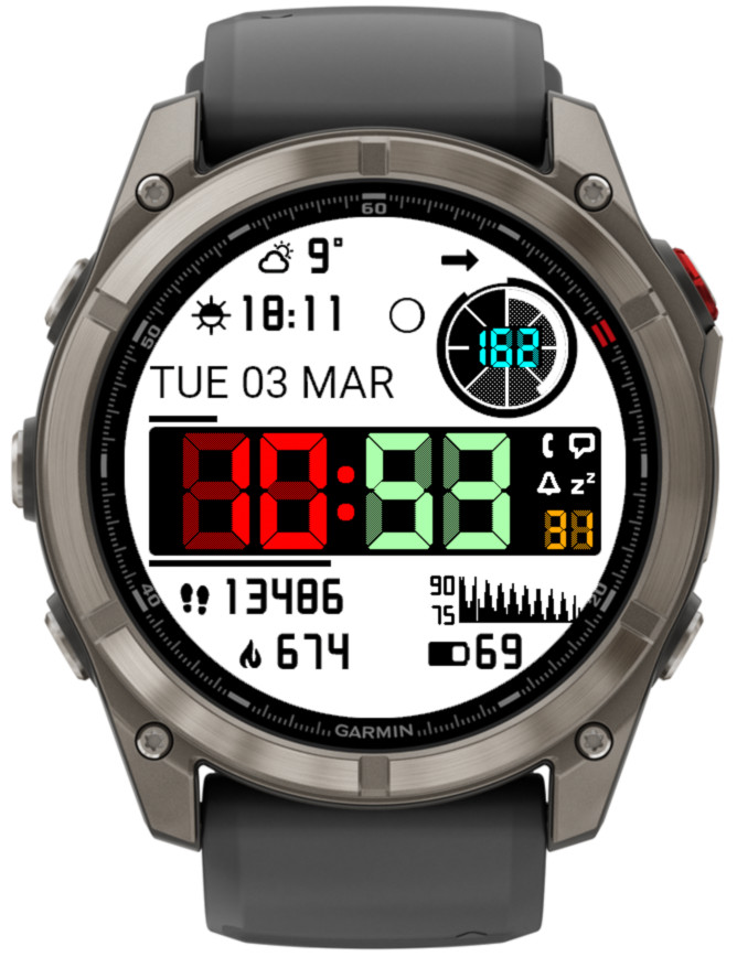 Close-up of a Garmin smartwatch displaying colorful digital data including time, date, weather, fitness metrics, and battery status.