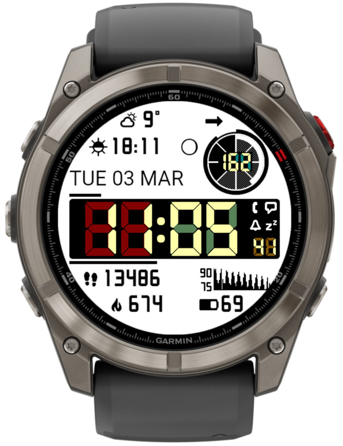 A close-up of a Garmin smartwatch displaying a digital watch face with time, date, weather information, and fitness metrics.