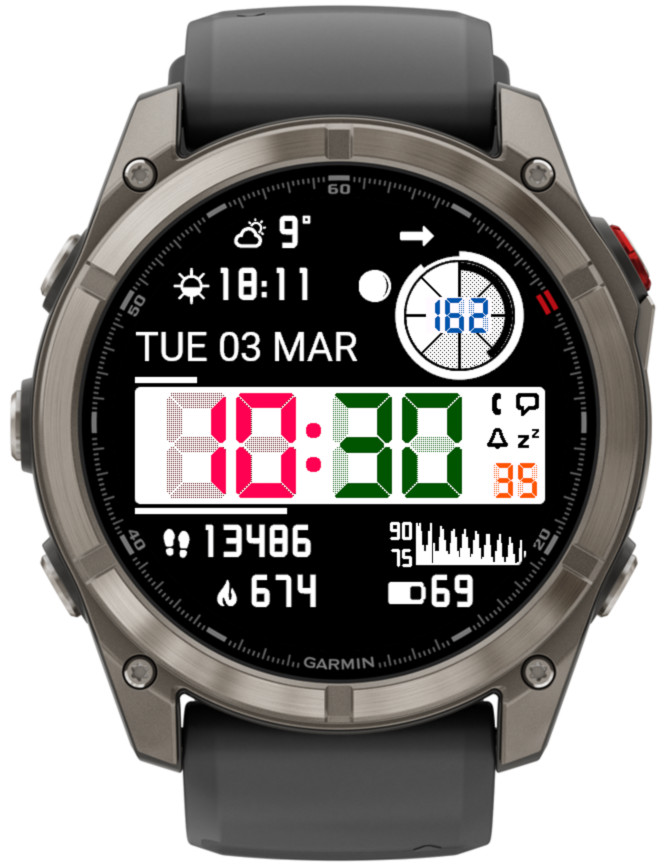 A digital smartwatch display showing time, date, weather, activity stats, and heart rate, designed by Garmin.