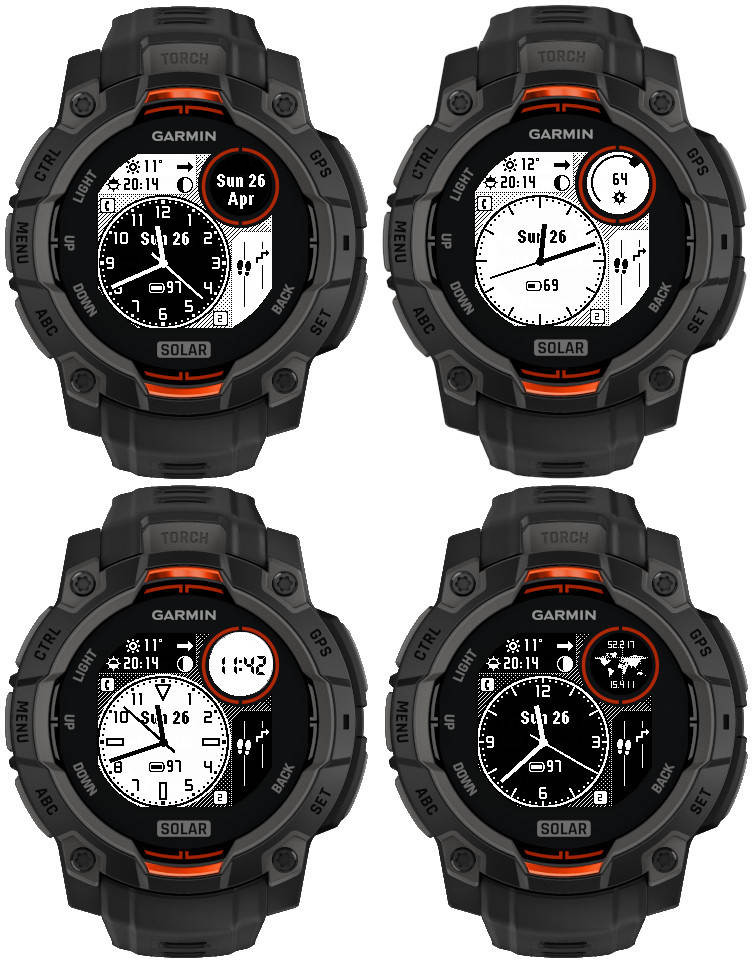Four Garmin solar watches displaying different watch faces, each showing the date, time, and various metrics.