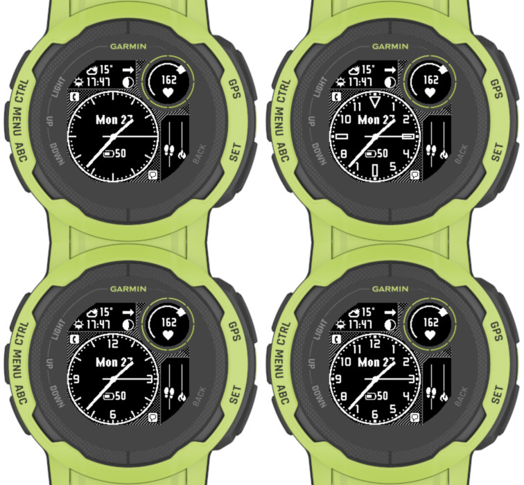 Four Garmin watches displaying fitness tracking information, including heart rate, steps, and the date.