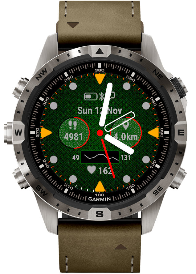 A Garmin smartwatch displaying various fitness metrics, including steps (4981), distance (4.0 km), heart rate (162 bpm), and the date (Sun 12 Nov) on a green patterned background.