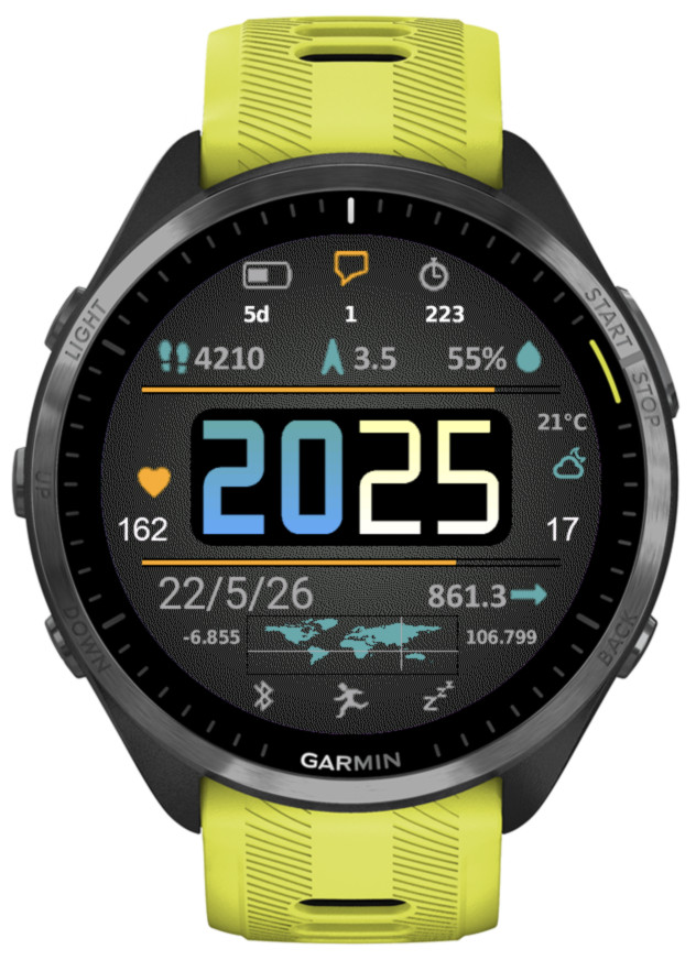 A Garmin smartwatch displaying various fitness metrics, including heart rate, distance, and weather information, with a bright green strap.