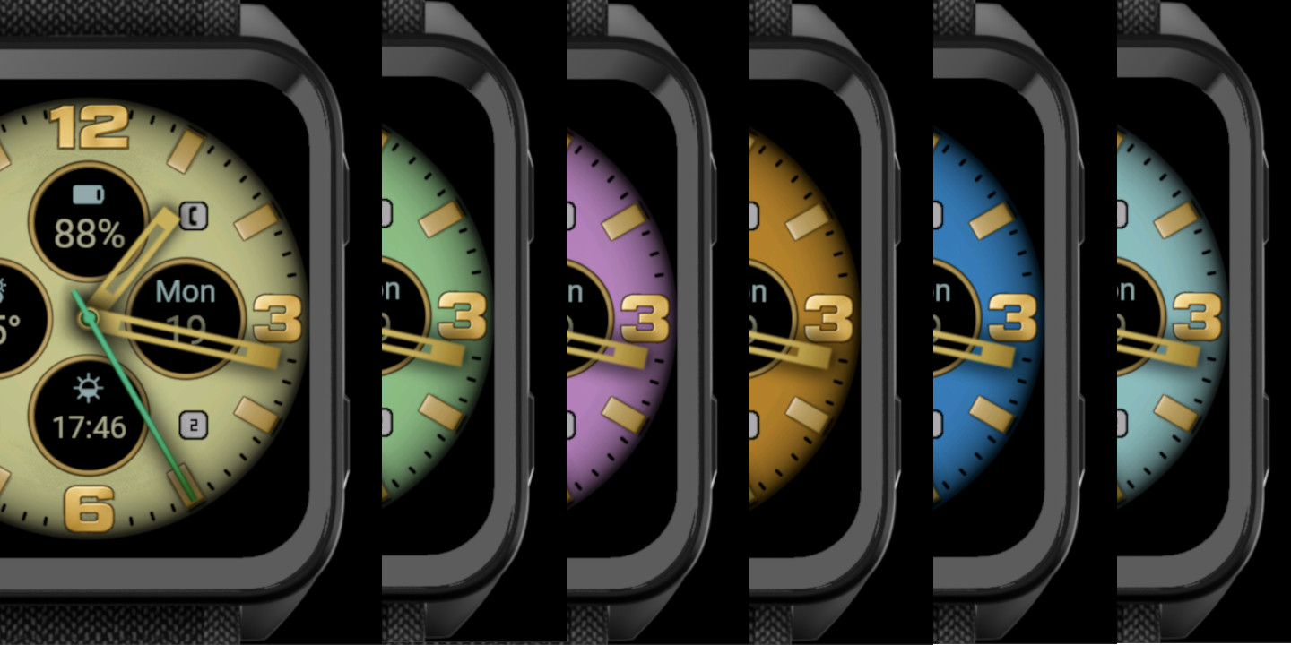 Close-up of a smartwatch displaying various colorful watch faces, including green, purple, orange, blue, and teal backgrounds, with time, date, and battery indicators.