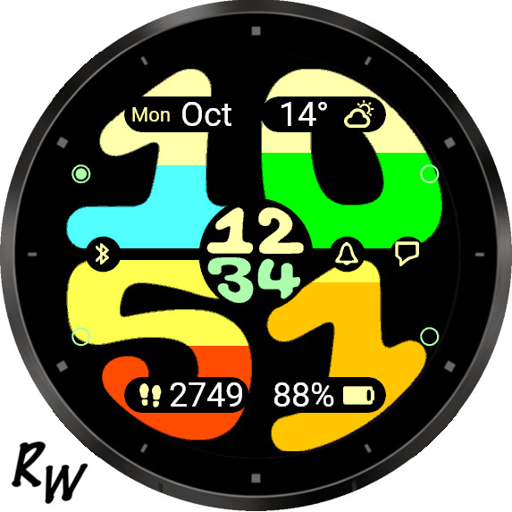 Digital watch face displaying the time 10:53 and 12:34, with colorful number designs in bright colors. Includes date (Mon Oct), temperature (14°), battery percentage (88%), and steps (2749).