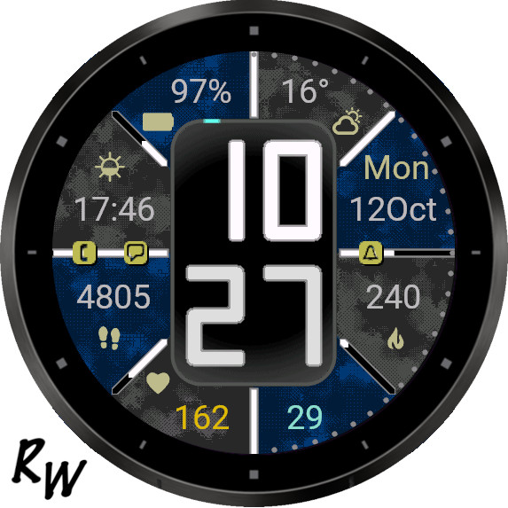 A smartwatch displaying various metrics including time (10:27), date (Monday, October 12), temperature (16°C), humidity (97%), heart rate (162 bpm), steps taken (4805), and battery level (29%).