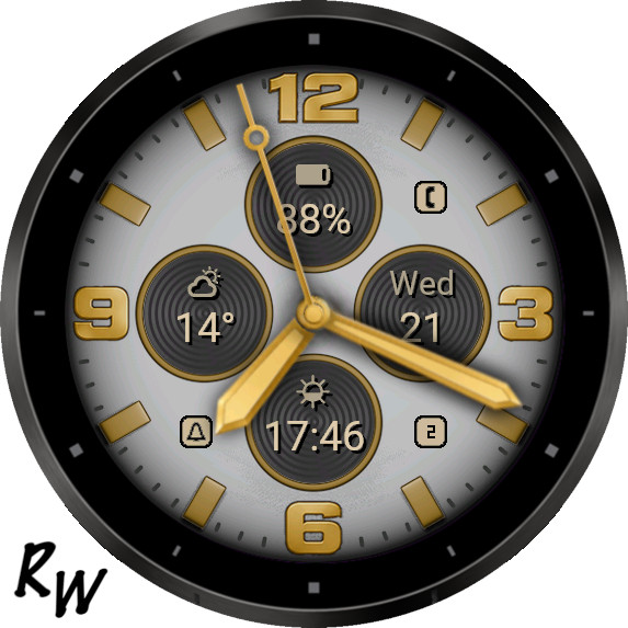 A modern watch face featuring a round design with gold accents, displaying the time as 17:46, date as Wednesday 21, battery percentage at 88%, and current weather conditions of 14°C.